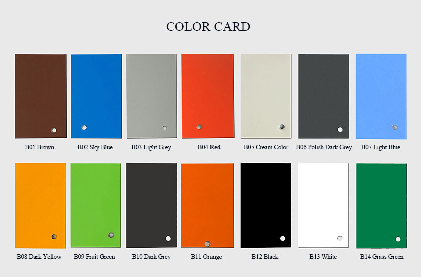 Optional Supermarket Fridge Cabinet Colors: B01 Brown | B02 Sky Blue | B03 Light Grey | B04 Red | B05 Cream Color | B06 Purple | B07 Light Blue | B08 Dark Yellow | B09 Fruit Green | B10 Dark Grey | B11 Orange | B12 Black | B13 White | B14 Grass Green Supermarket Refrigerator & Freezer Cabinet Optional Colors